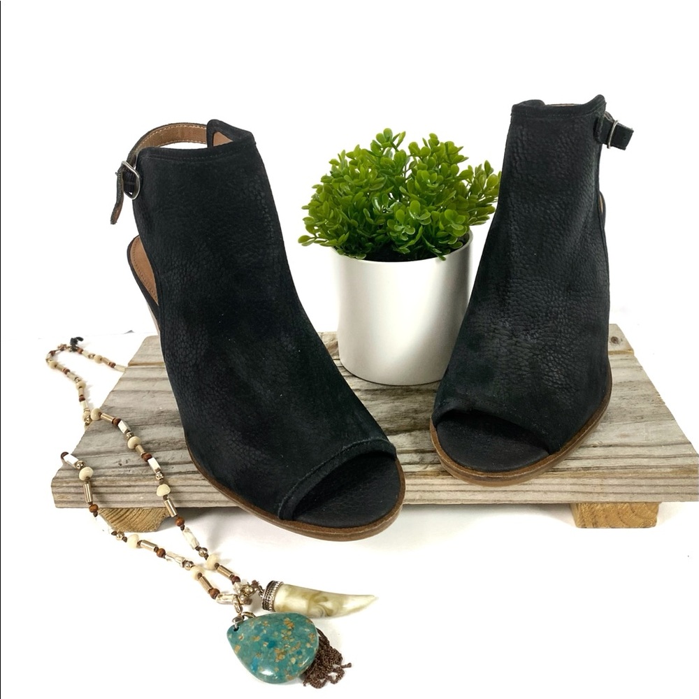 Lucky Brand Lisza Peep-Toe Shooties Black Suede Leather Shoes Women's Size 9 M
